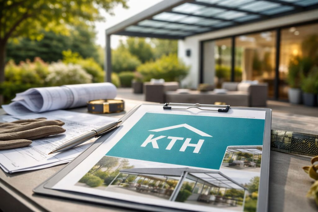 Nahaufnahme einer Klemmbrett-Broschüre mit KTH-Logo und Terrassenüberdachungs-Entwurf auf einem Außentisch vor einem modernen Haus mit Glas-Terrassenüberdachung.