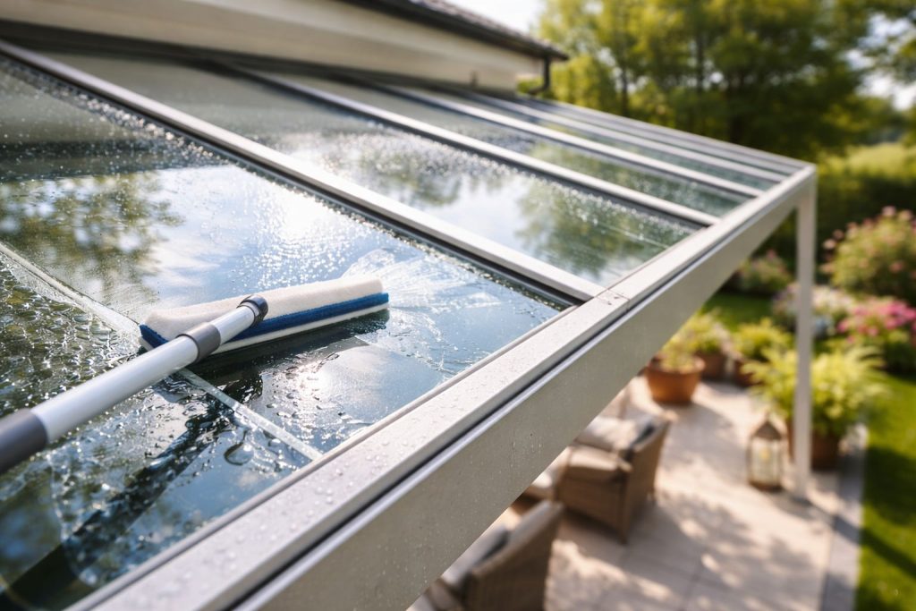 Reinigung einer Glas-Terrassenüberdachung mit Abzieher, Wassertropfen auf dem Glasdach, Garten im Hintergrund