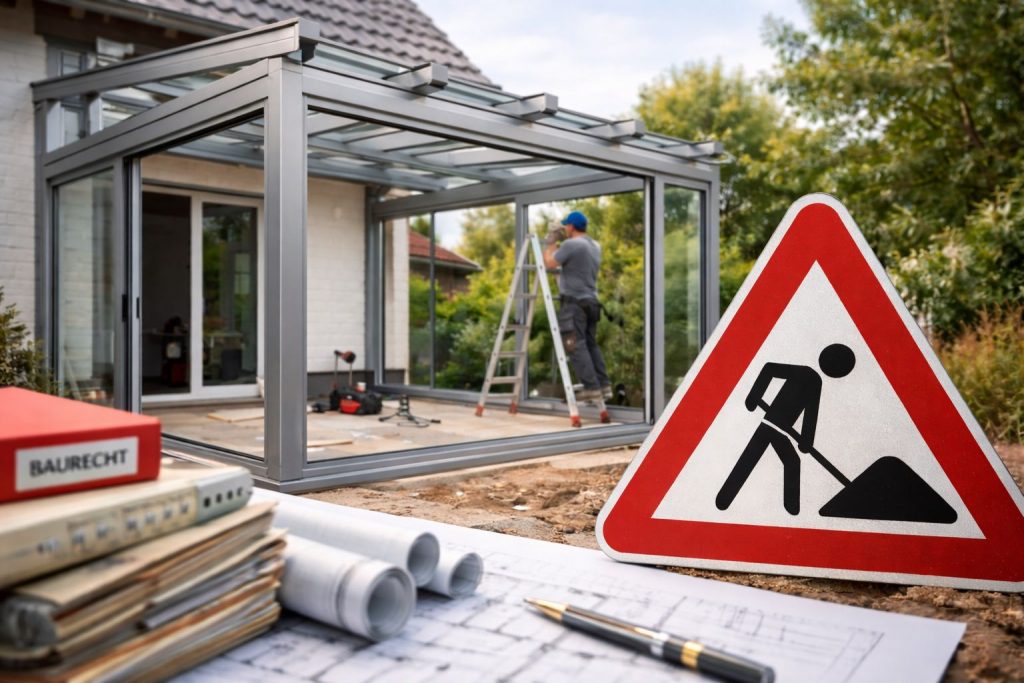 Wintergarten-Anbau aus Aluminium und Glas mit Bauarbeiten und Baurecht-Hinweis
