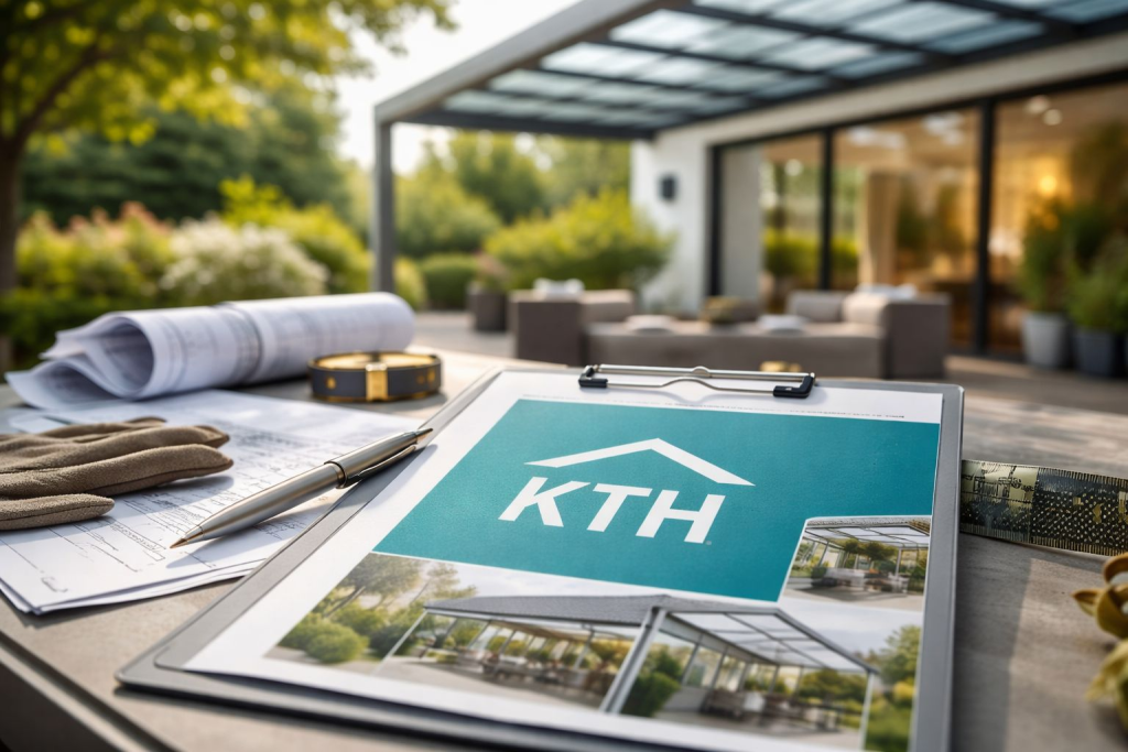 Nahaufnahme einer Klemmbrett-Broschüre mit KTH-Logo und Terrassenüberdachungs-Entwurf auf einem Außentisch vor einem modernen Haus mit Glas-Terrassenüberdachung